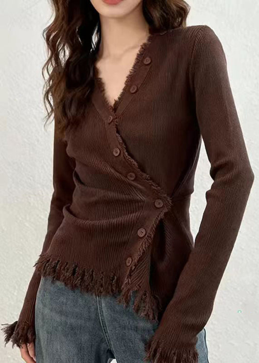 Sexy Coffee V Neck Button Cotton Knit Cardigans Spring