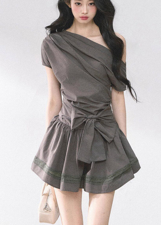 Sexy Dark Grey Asymmetrical One Shoulder Mid Dress Summer