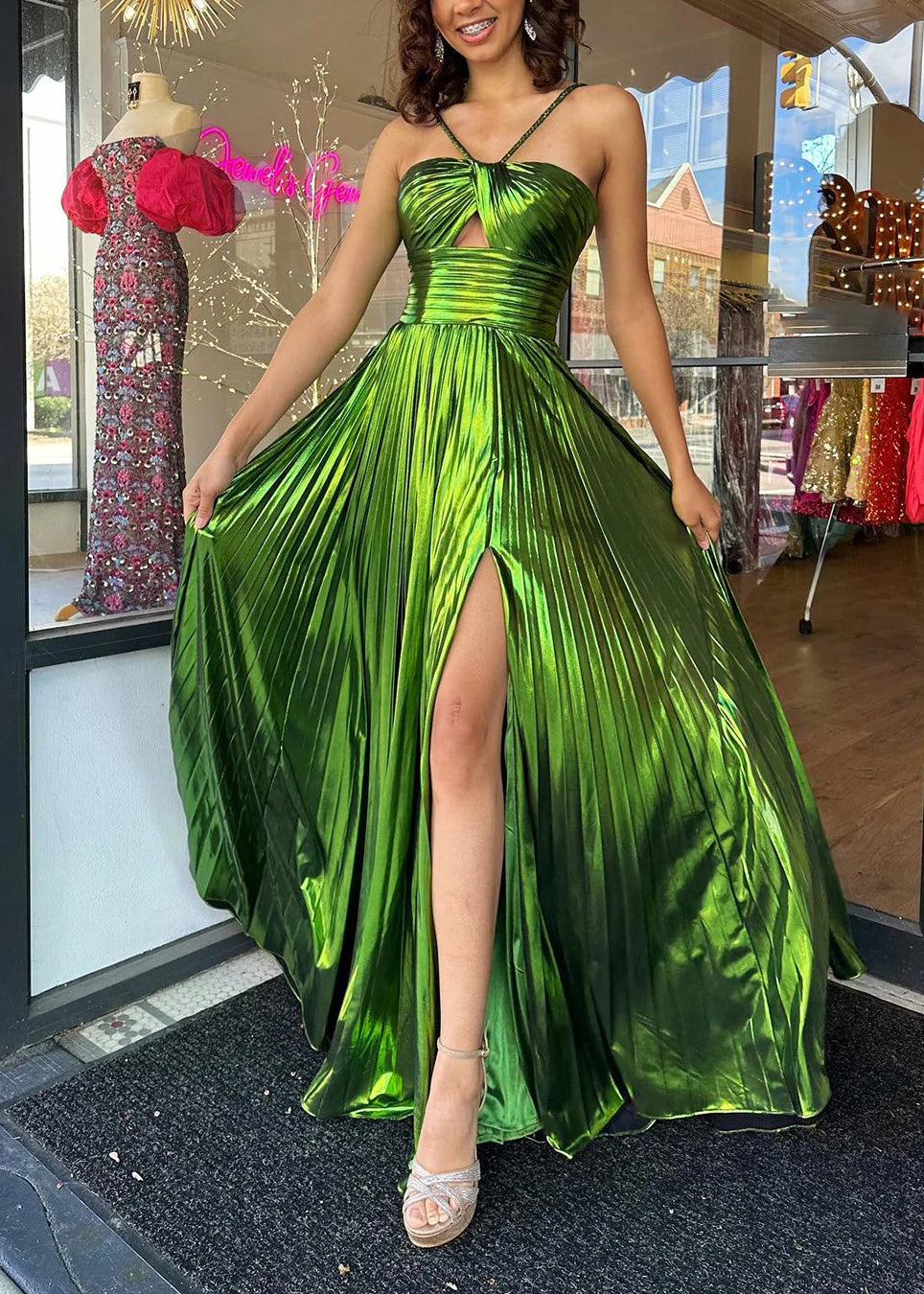 Sexy Green Backless Side Open Patchwork Silk Dresses Sleeveless