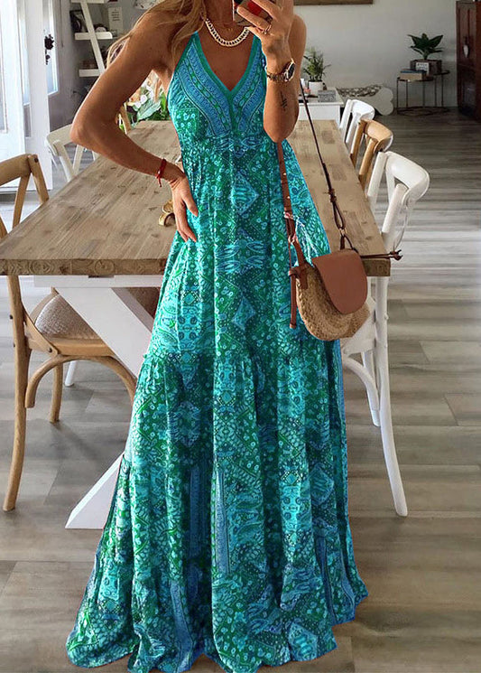 Sexy Green V Neck Print Holiday Long Spaghetti Strap Dress Sleeveless