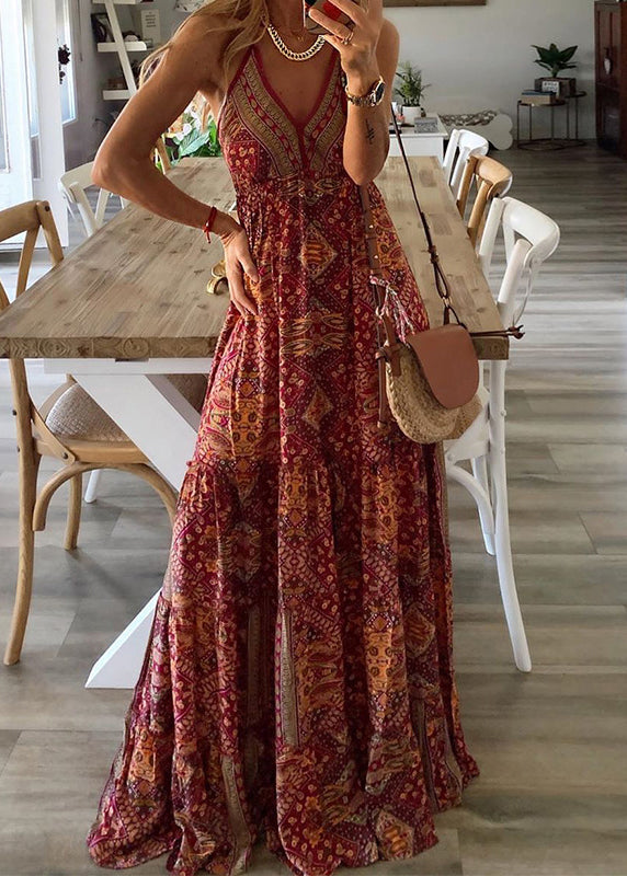 Sexy Green V Neck Print Holiday Long Spaghetti Strap Dress Sleeveless