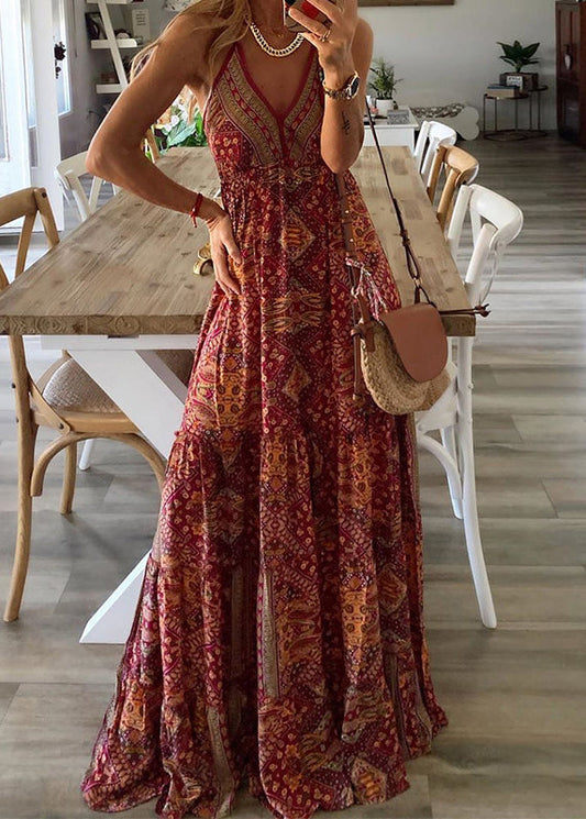 Sexy Green V Neck Print Holiday Long Spaghetti Strap Dress Sleeveless