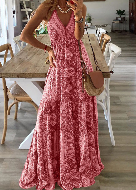 Sexy Green V Neck Print Holiday Long Spaghetti Strap Dress Sleeveless
