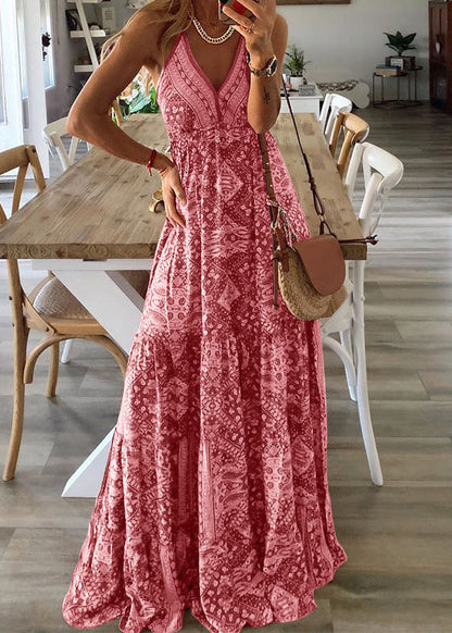 Sexy Green V Neck Print Holiday Long Spaghetti Strap Dress Sleeveless