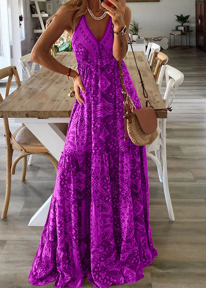 Sexy Green V Neck Print Holiday Long Spaghetti Strap Dress Sleeveless