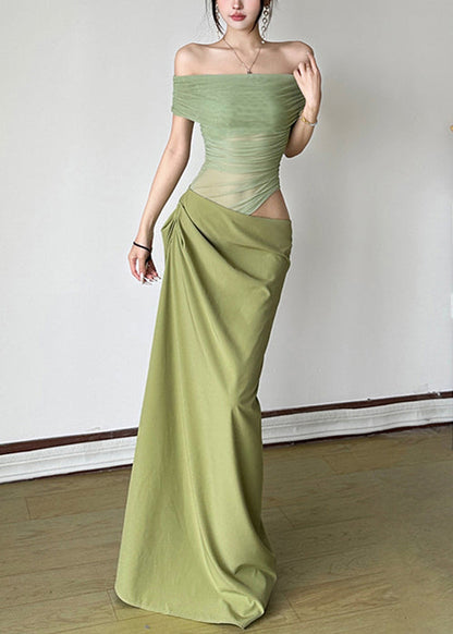 Sexy Green Wrinkled Tulle Patchwork Maxi Dresses Summer