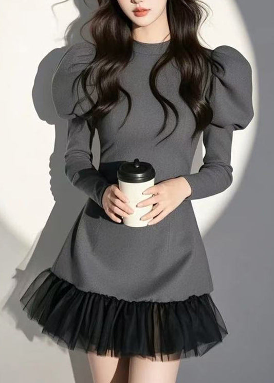 Sexy Grey O-Neck Patchwork Mid Dress Puff Sleeve