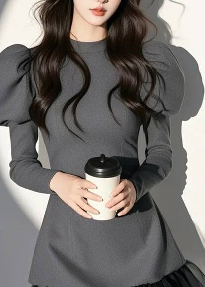 Sexy Grey O-Neck Patchwork Mid Dress Puff Sleeve