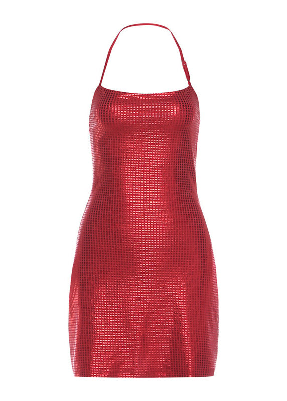 Sexy Khaki Halter Zircon Slim Fit Mini Dress Summer
