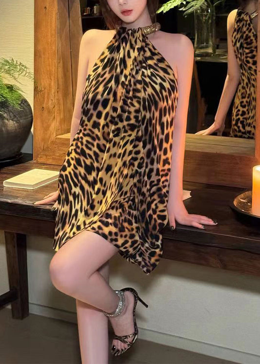 Sexy Leopard Cold Shoulder Original Design Cotton Mini Dress Sleeveless