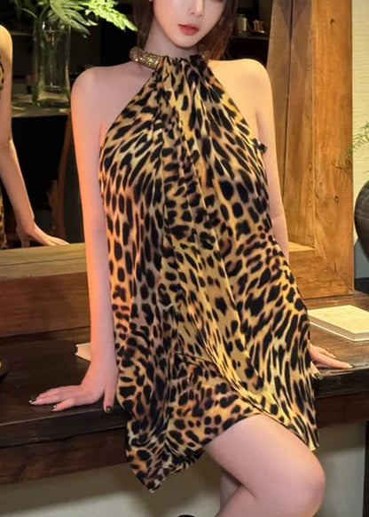 Sexy Leopard Cold Shoulder Original Design Cotton Mini Dress Sleeveless