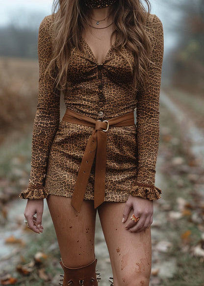 Sexy Leopard V Neck Ruffled Cotton Mini Dress Spring