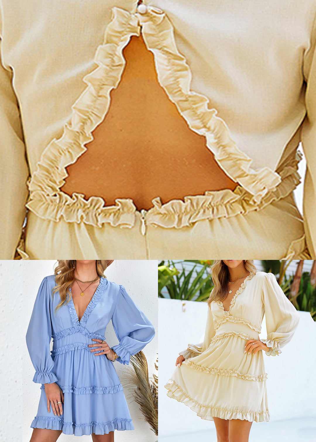 Sexy Light Blue Ruffled Patchwork Mid Dress Lantern Sleeve