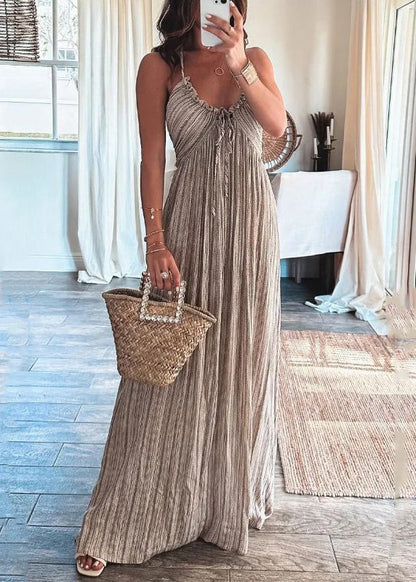 Sexy Light Grey Ruffled Lace Up Cotton Spaghetti Strap Dress Sleeveless