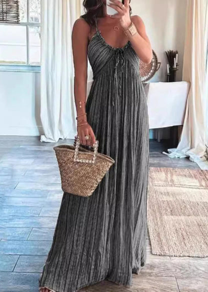 Sexy Light Grey Ruffled Lace Up Cotton Spaghetti Strap Dress Sleeveless