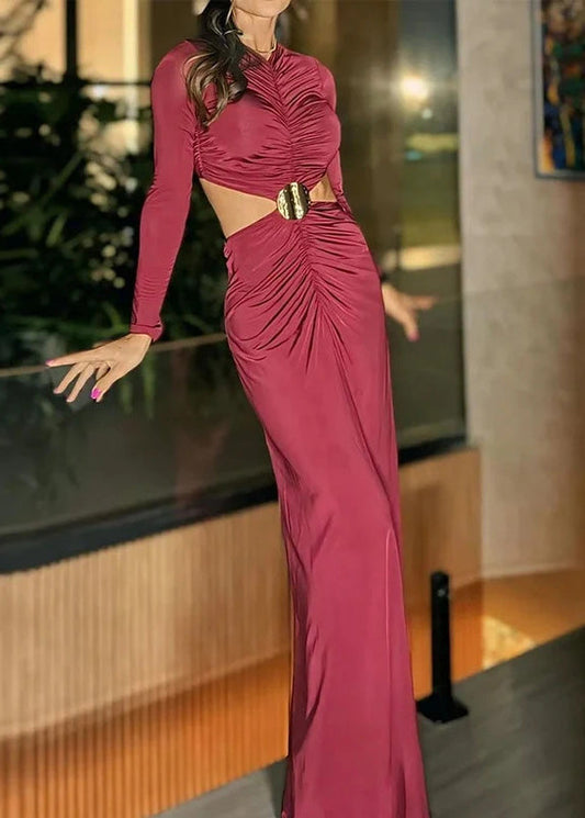 Sexy Mulberry Hollow Out Wrinkled Patchwork Cotton Long Dress Spring