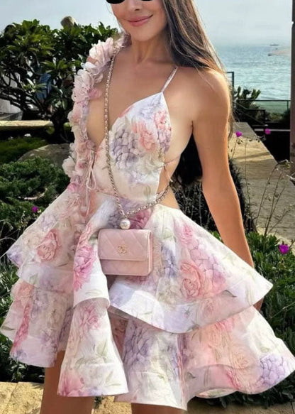 Sexy Pink Floral Backless Lace Up Cotton Mid Dress Summer