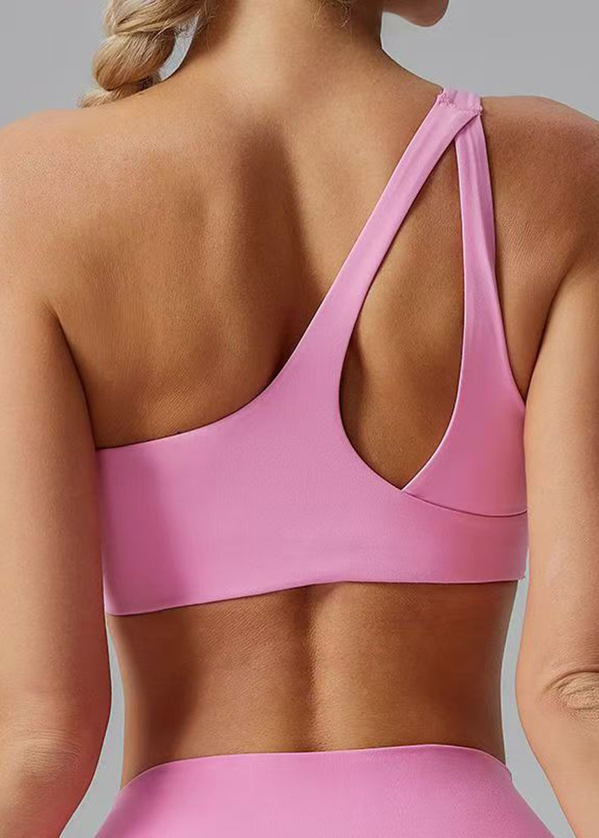 Sexy Pink High-Stretchy One Shoulder Hollow Out Tennis Bra