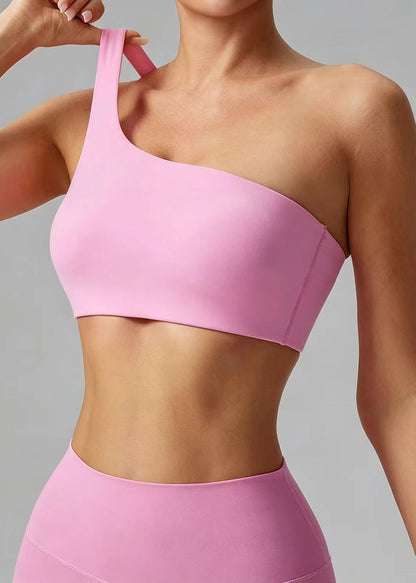 Sexy Pink High-Stretchy One Shoulder Hollow Out Tennis Bra