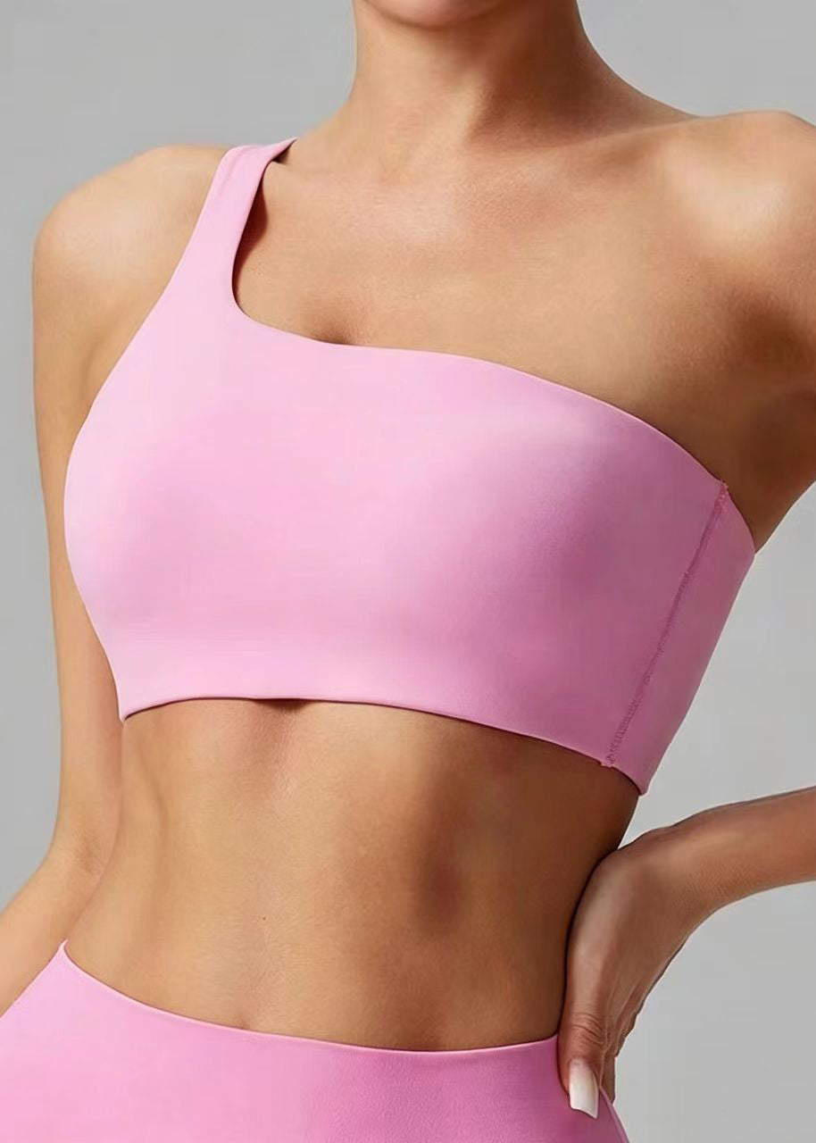 Sexy Pink High-Stretchy One Shoulder Hollow Out Tennis Bra
