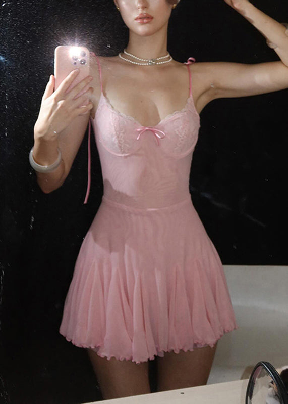 Sexy Pink Patchwork Tulle Mid Spaghetti Strap Dress Sleeveless