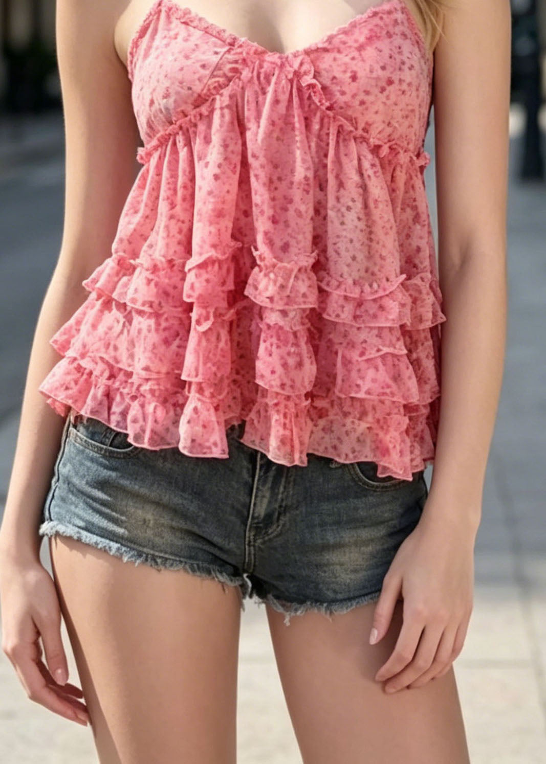 Sexy Pink Ruffled Patchwork Chiffon Spaghetti Strap Top Summer