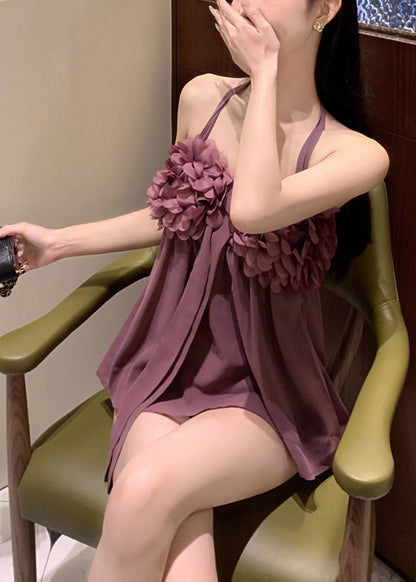 Sexy Purple Floral Chiffon Halter Tops Summer