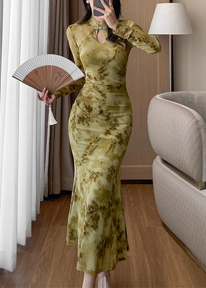 Sexy Purple Stand Collar Print Hollow Out Maxi Dress Fall