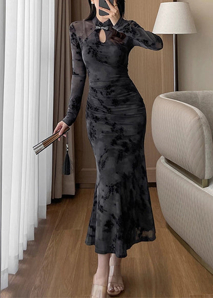 Sexy Purple Stand Collar Print Hollow Out Maxi Dress Fall