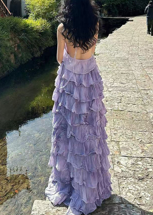 Sexy Purple V Neck Backless Cotton Maxi Dresses Sleeveless
