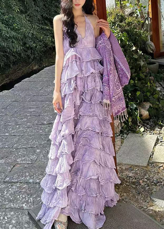 Sexy Purple V Neck Backless Cotton Maxi Dresses Sleeveless