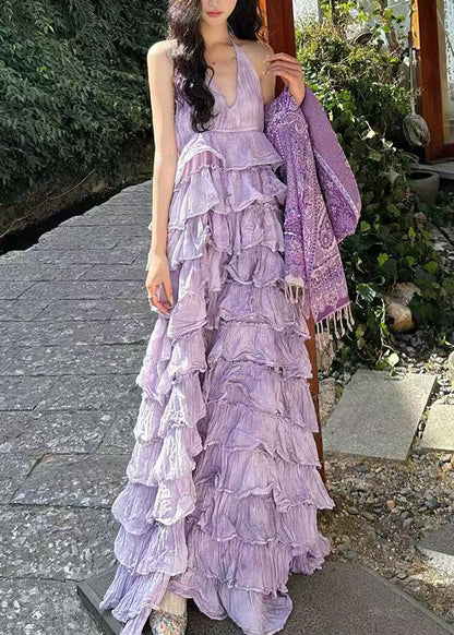 Sexy Purple V Neck Backless Cotton Maxi Dresses Sleeveless