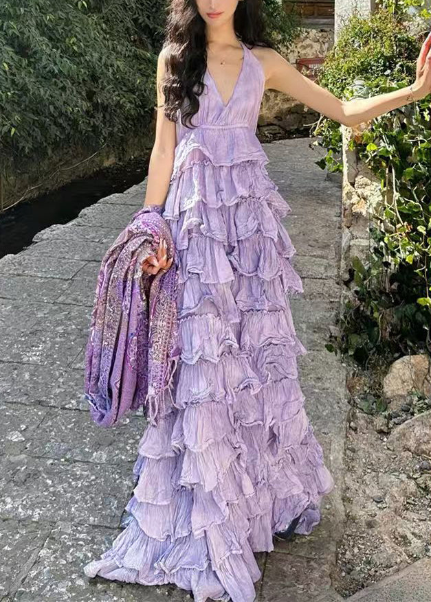 Sexy Purple V Neck Backless Cotton Maxi Dresses Sleeveless