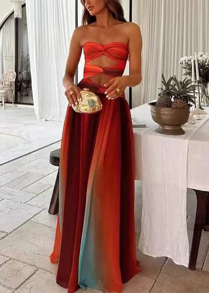 Sexy Rainbow Hollow Out Wrinkled Patchwork Cotton Vacation Dresses Sleeveless