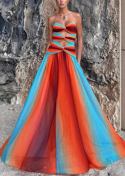 Sexy Rainbow Hollow Out Wrinkled Patchwork Cotton Vacation Dresses Sleeveless