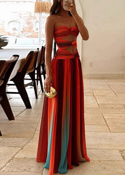 Sexy Rainbow Hollow Out Wrinkled Patchwork Cotton Vacation Dresses Sleeveless