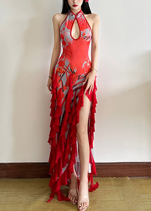 Sexy Red Backless Ruffled Side Open Tulle Long Dresses Summer