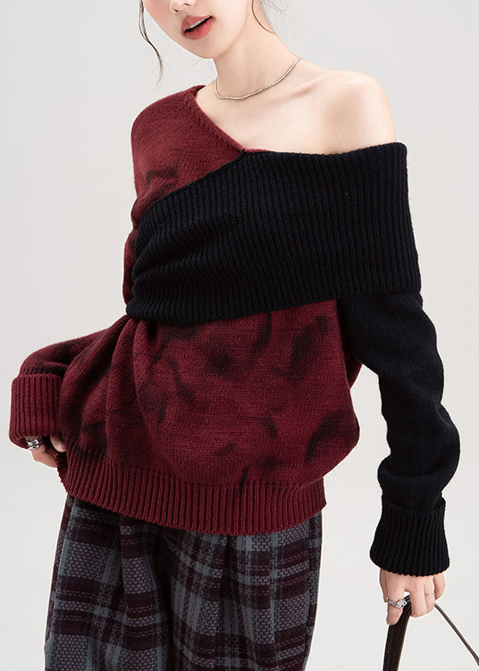Sexy Red Cold Shoulder Patchwork Knit Sweaters Spring