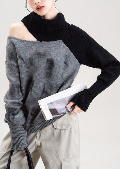 Sexy Red Cold Shoulder Patchwork Knit Sweaters Spring