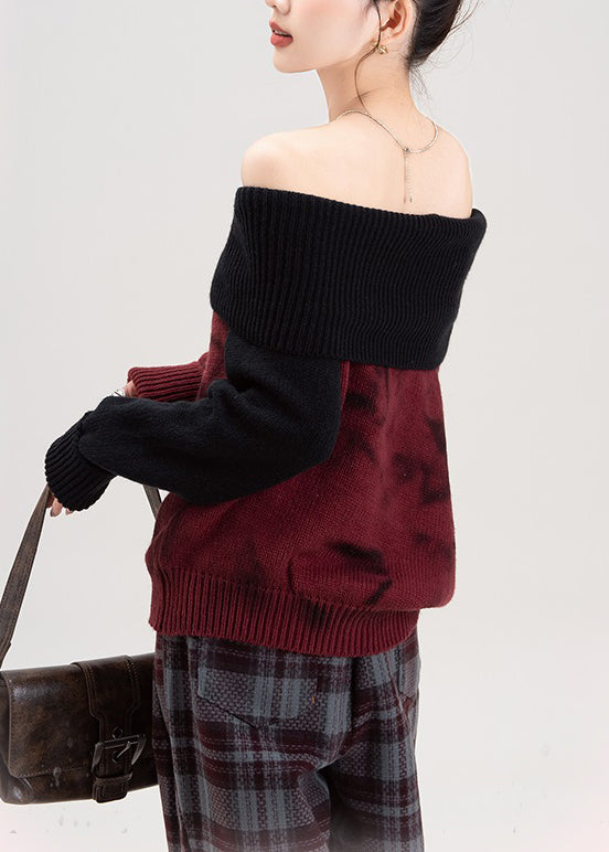 Sexy Red Cold Shoulder Patchwork Knit Sweaters Spring