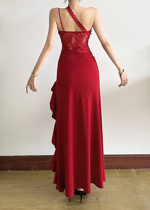 Sexy Red Cold Shoulder Ruffled Maxi Dresses Summer