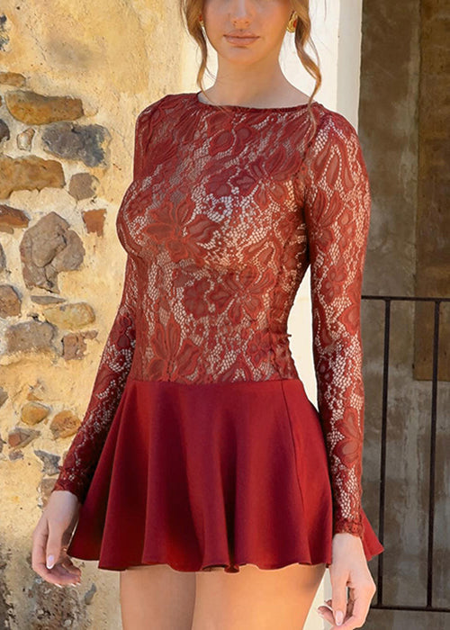 Sexy Red Hollow Out Solid Lace Mid Dress Spring