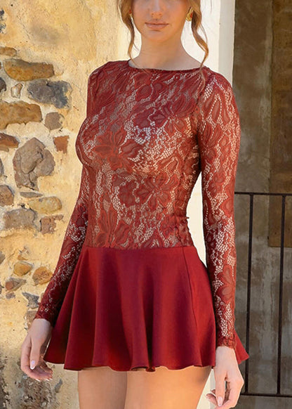 Sexy Red Hollow Out Solid Lace Mid Dress Spring