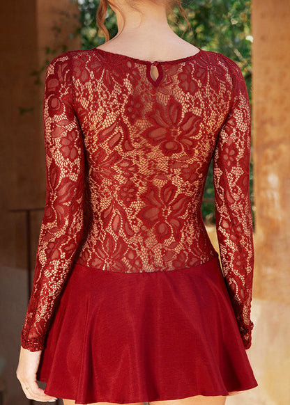 Sexy Red Hollow Out Solid Lace Mid Dress Spring