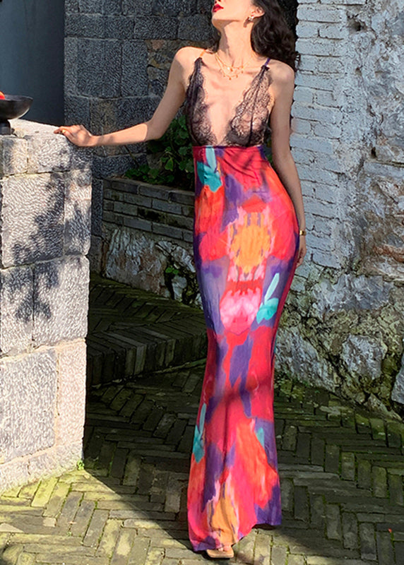 Sexy Red Lace Patchwork Long Spaghetti Strap Dress Summer