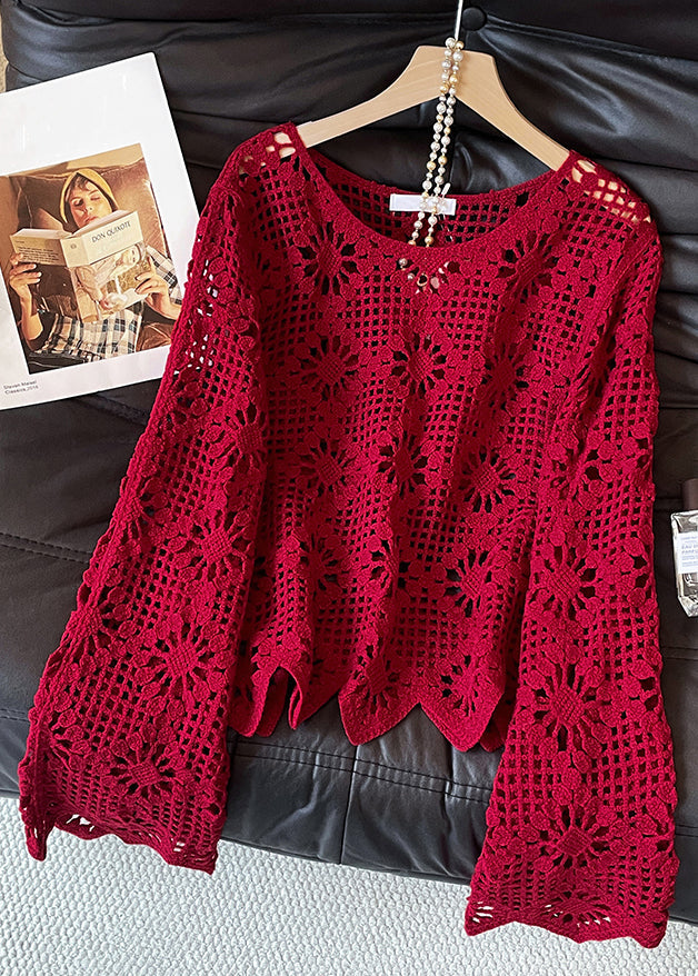 Sexy Red O Neck Hollow Out Solid Knit Sweater Fall
