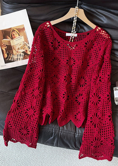 Sexy Red O Neck Hollow Out Solid Knit Sweater Fall
