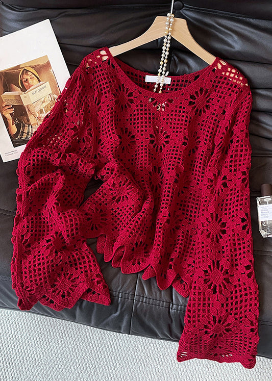 Sexy Red O Neck Hollow Out Solid Knit Sweater Fall