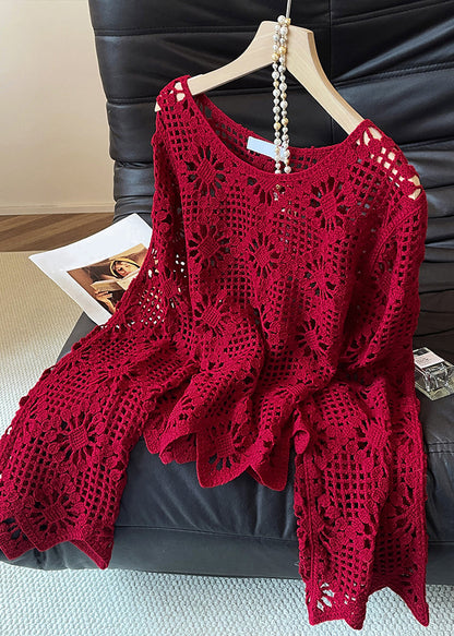 Sexy Red O Neck Hollow Out Solid Knit Sweater Fall