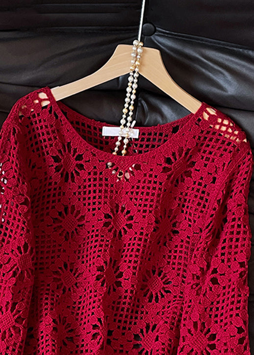 Sexy Red O Neck Hollow Out Solid Knit Sweater Fall